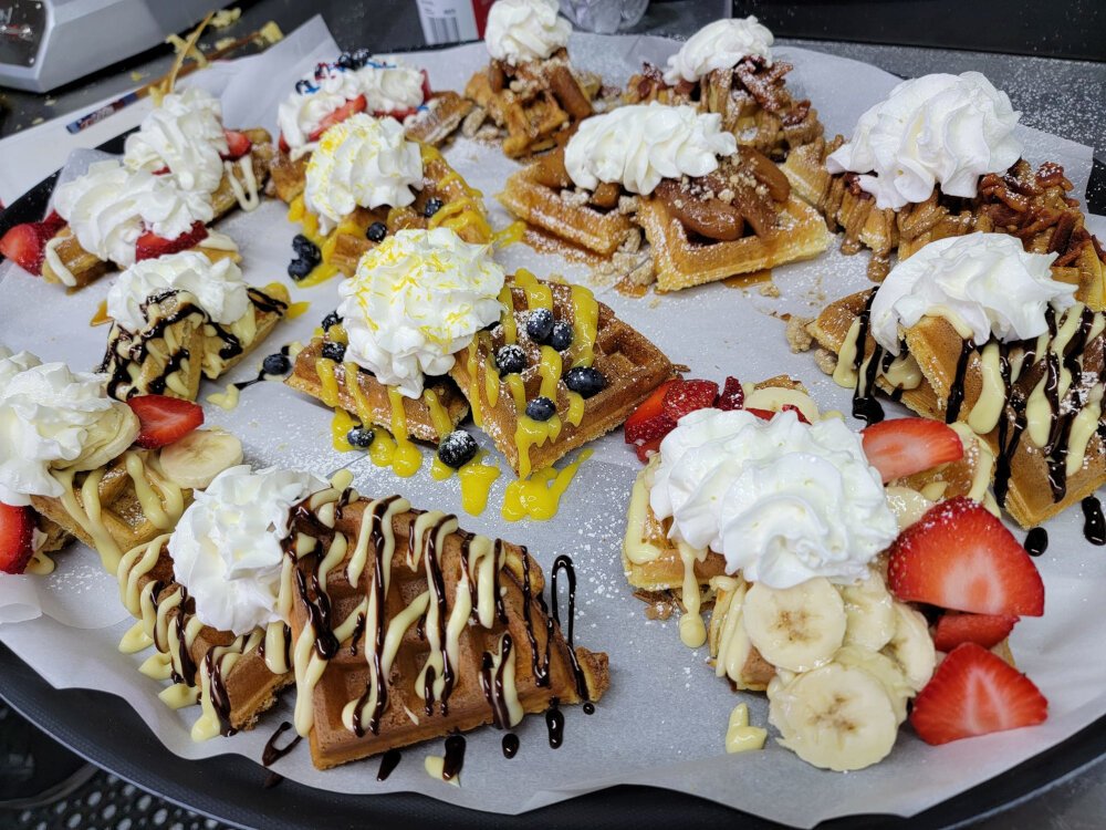 An assortment of waffles offered at new food truck