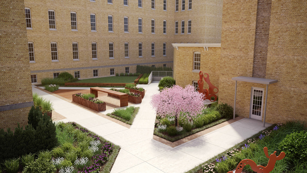 Rendered drawings of the Cordia outdoor courtyards by Nate Elkins of Influence Design Forum.