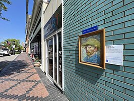A Vincent van Gogh self-portrait hangs in downtown Farmington in 2022 as part of the DIA's Insdie|Out program.