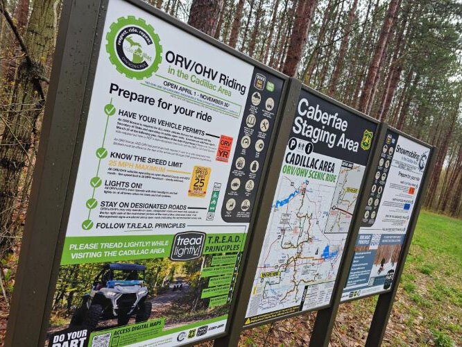 The new kiosk at the trailhead and staging area for the ORV Scenic Ride near Caberfae Peaks.