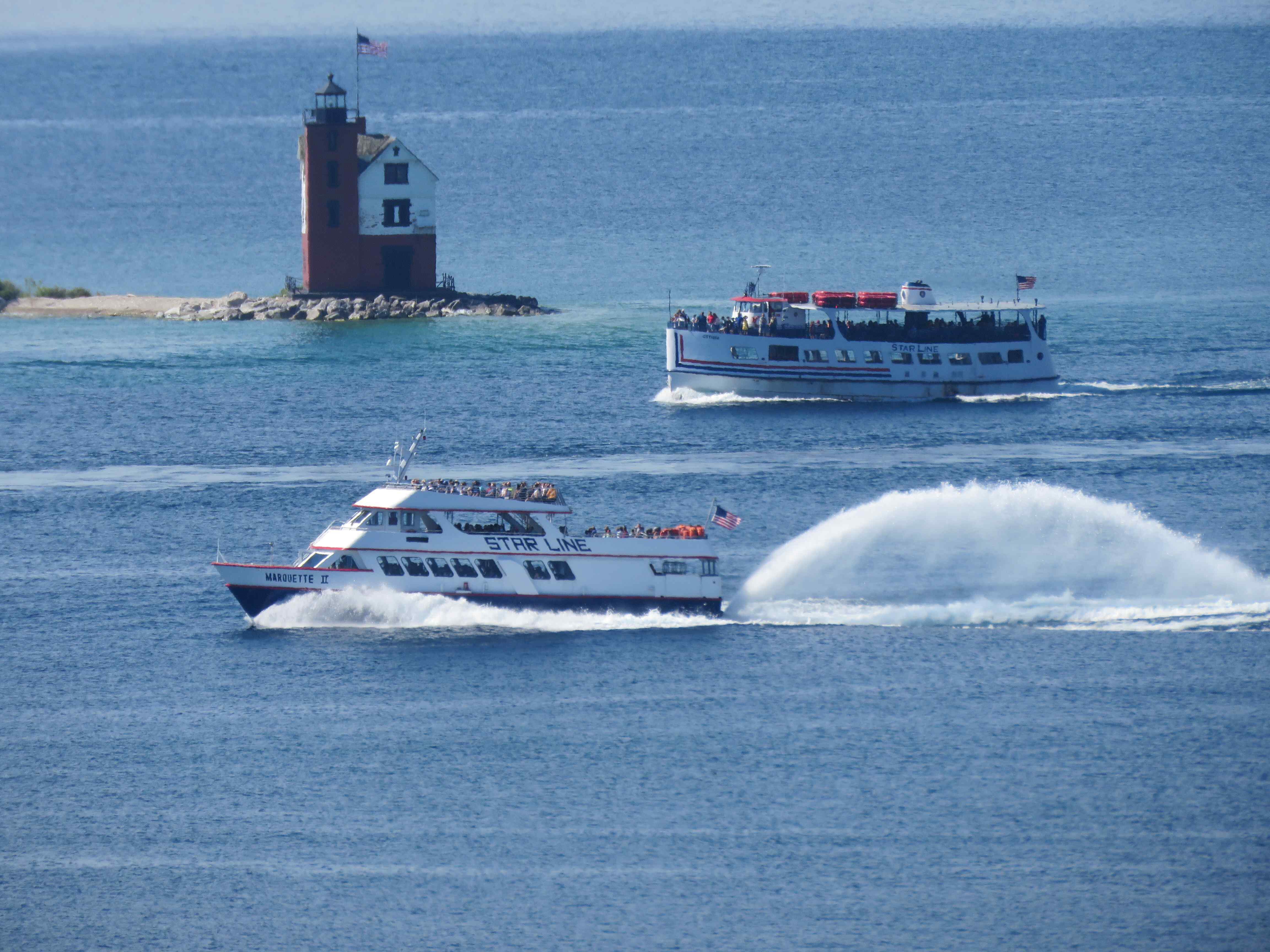 The Chippewa and Marquette II Hydro-Jet head to Mackinac Island side by side.