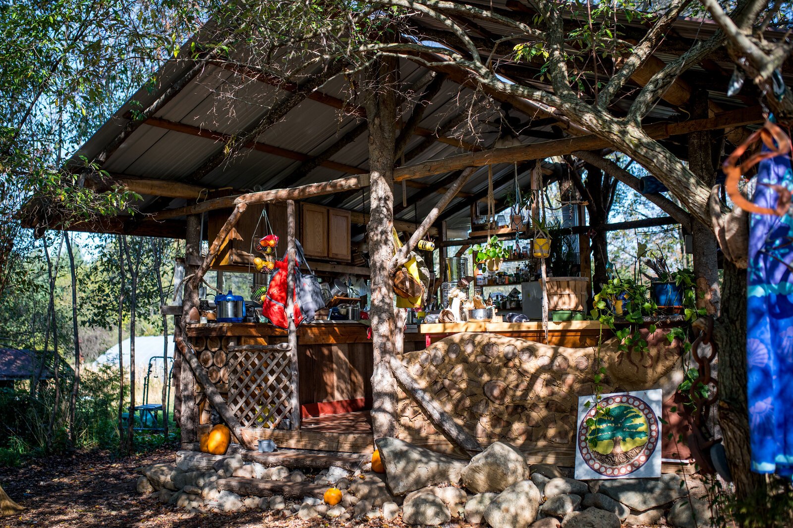 Before building their straw bale house, Touloupas and Pekarovic built this open-air kitchen as a test of the method. "This gets a ton of weather exposure," Touloupas says. "We've never had any issue with moisture or anything."