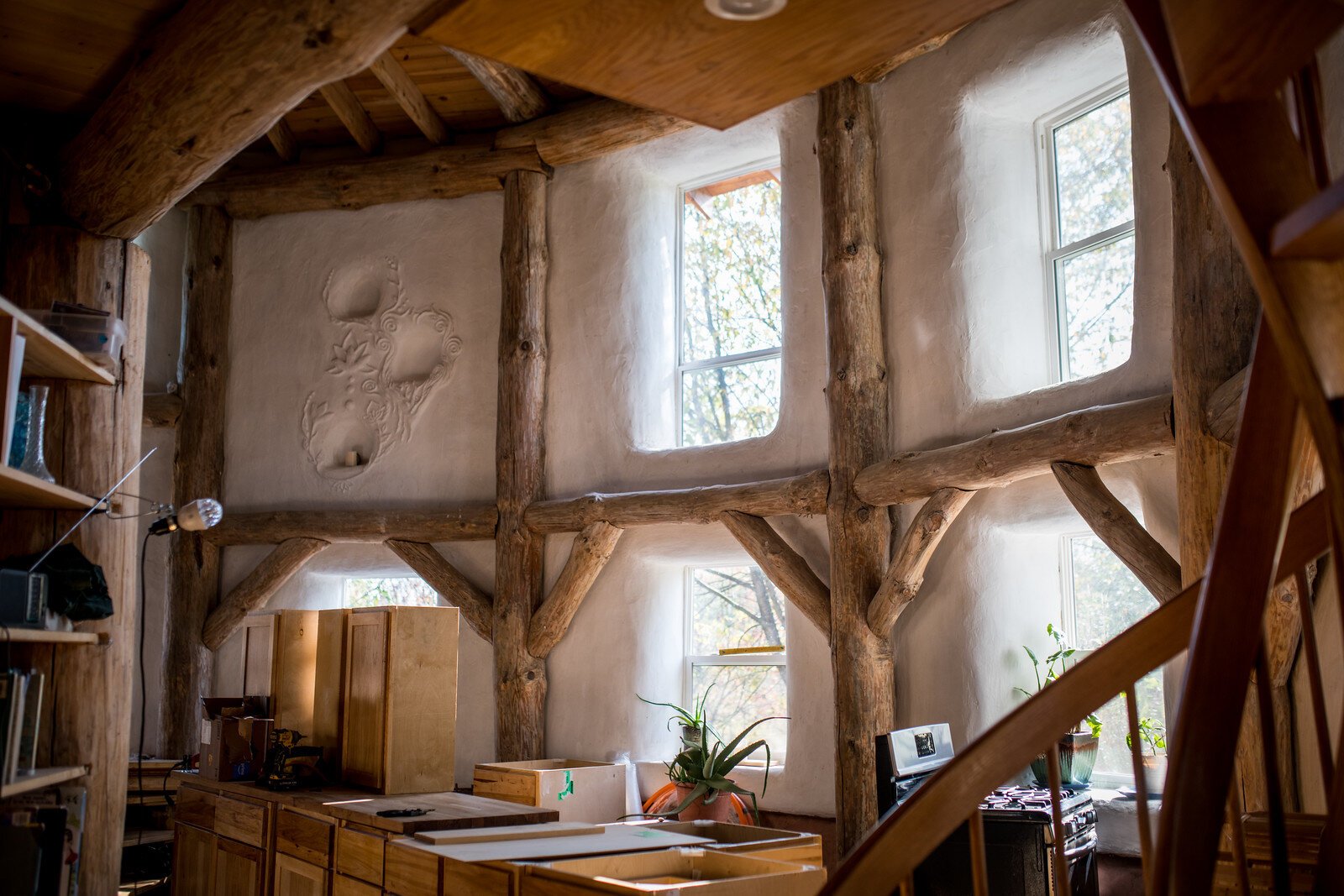 The interior of the straw bale construction home at Solfed Farms