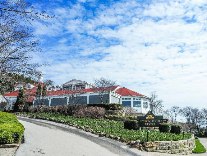 The entrance to Mission Point Resort, located on the eastern end of Mackinac Island.