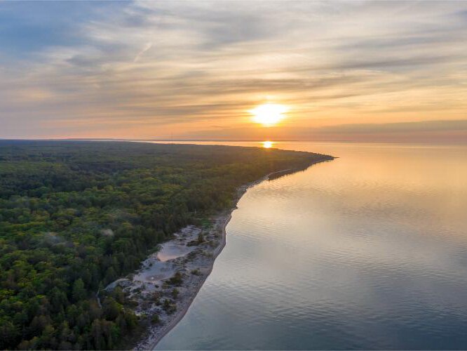 An aerial view of the 340-acre state park along the shores of Lake Huron.