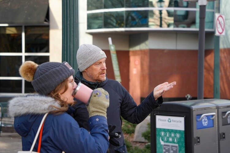 "Happy City" author Charles Montgomery takes a look at Downtown Kalamazoo with Assistant City Manager Rebekah Kik.