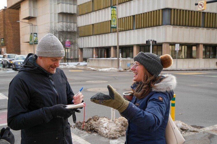 "Happy City" author Charles Montgomery takes a look at Downtown Kalamazoo with Assistant City Manager Rebekah Kik.