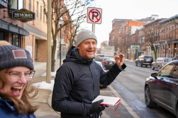 "Happy City" author Charles Montgomery takes a look at Downtown Kalamazoo with Assistant City Manager Rebekah Kik.