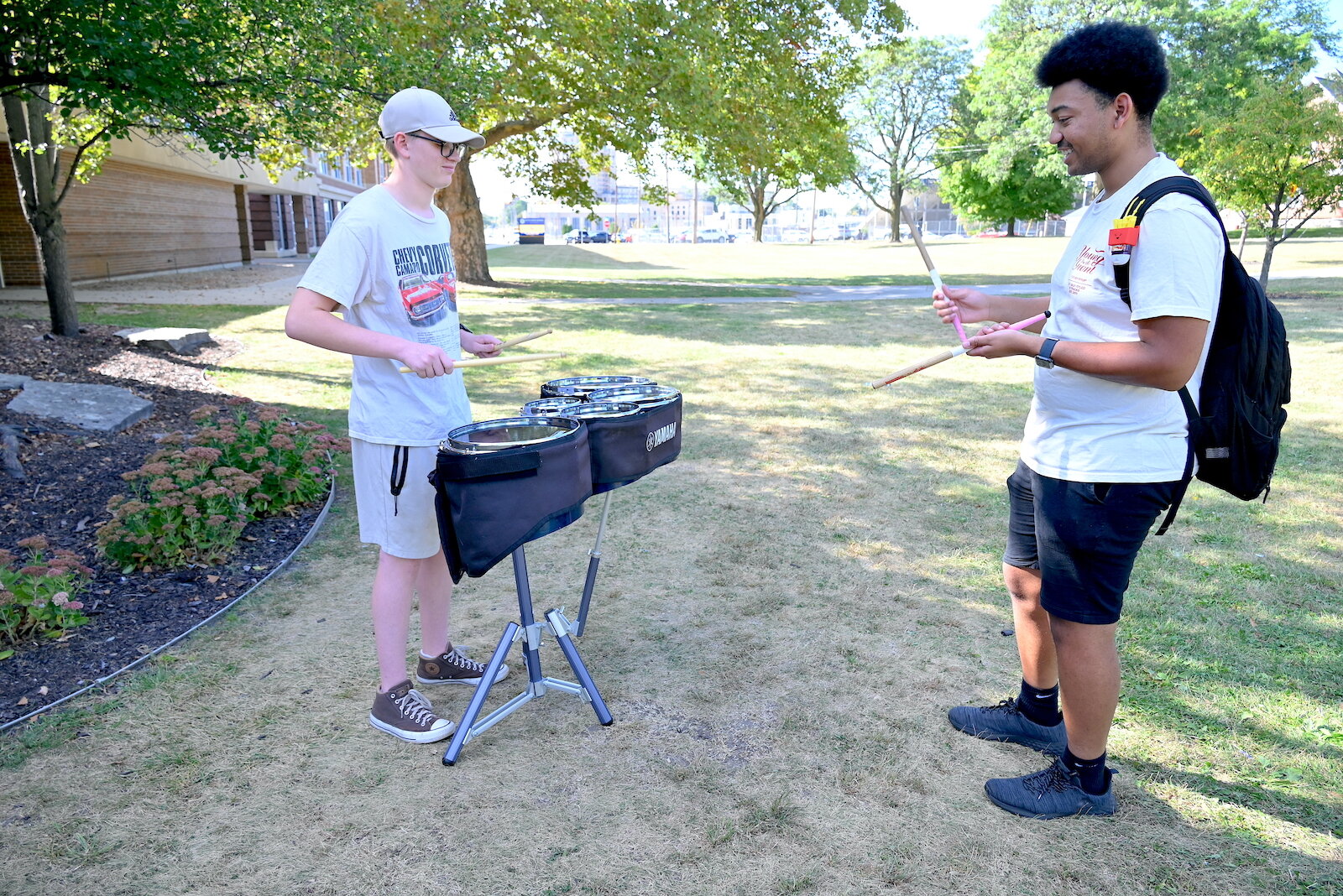 Practicing drums for Battle Creek Central’s band are, from left, George Pyatt and Pharoah Clark.