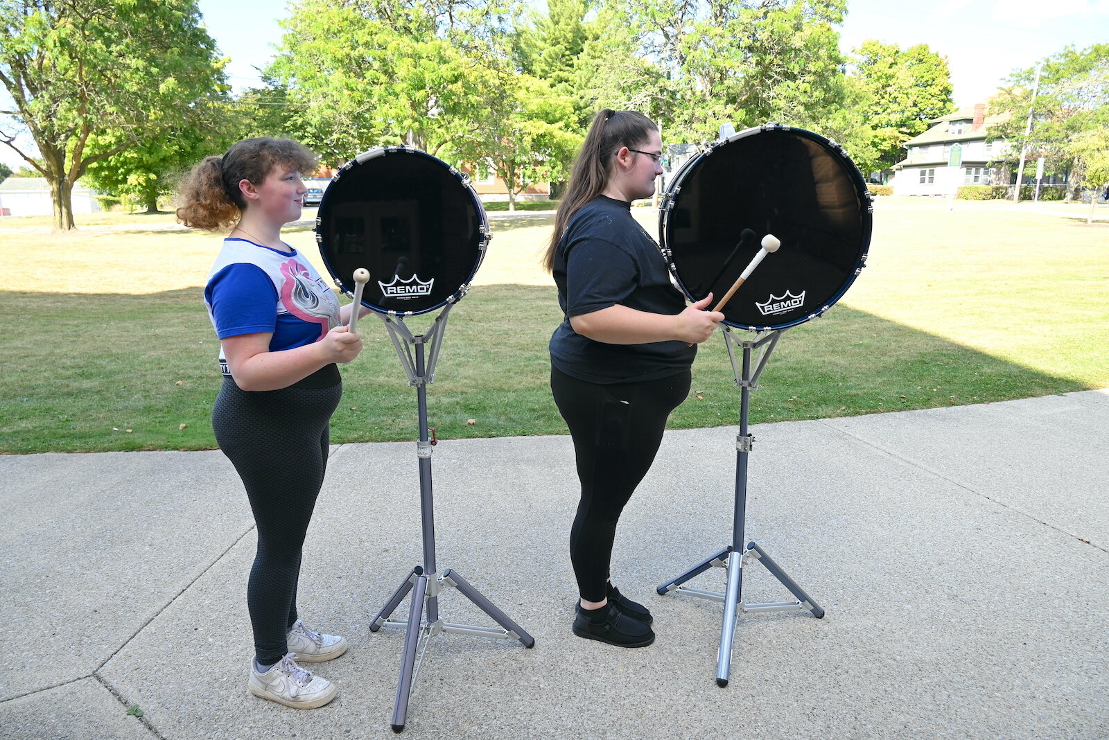 Practicing drums for Battle Creek Central’s band are, from left, Morgan Michaud and Abigail Getman.