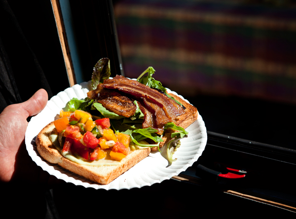 Gorilla Gourmet’s "BLAT"-thick cut bacon, organic greens, heirloom tomatos and avocado with pesto mayo on toasted Victorian Bakery bread.