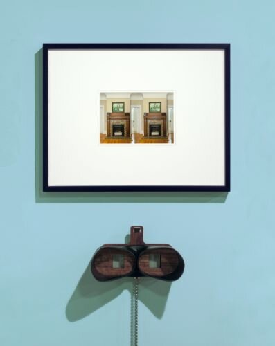 “My Fireplace” framed stereograph with TwinScope Viewer, 2021.