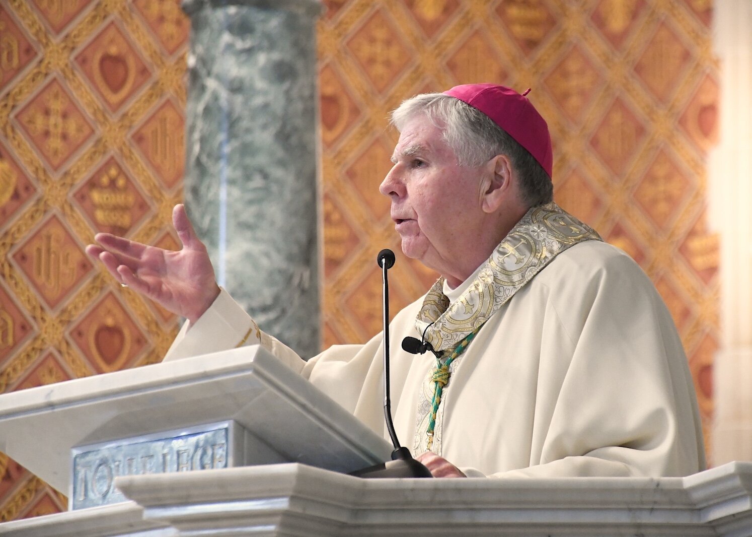 Bishop Paul Bradley of the Catholic Diocese of Kalamazoo speaks from the pulpit at St. Augustine Cathedral last year. The Catholic Church has sanctioned vaccines