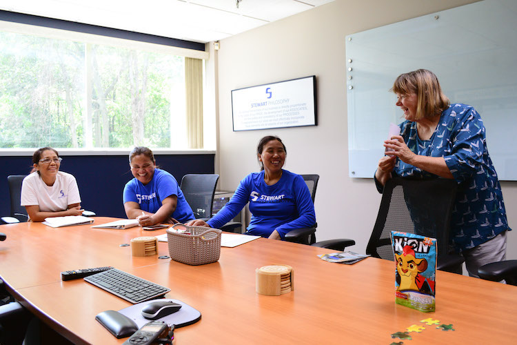 Workplace ESL class at Stewart Industries. L-R: Remh Thanzam, Tluang Hnem, Vung Cing and Elizabeth Alia. 