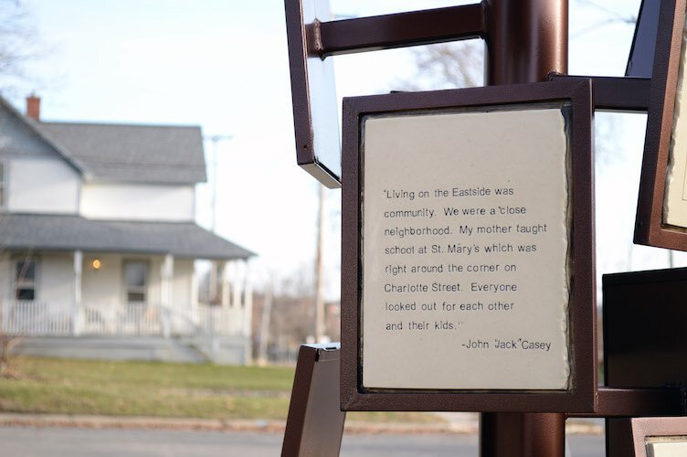 A sculpture features the quotes of Eastside neighbors.