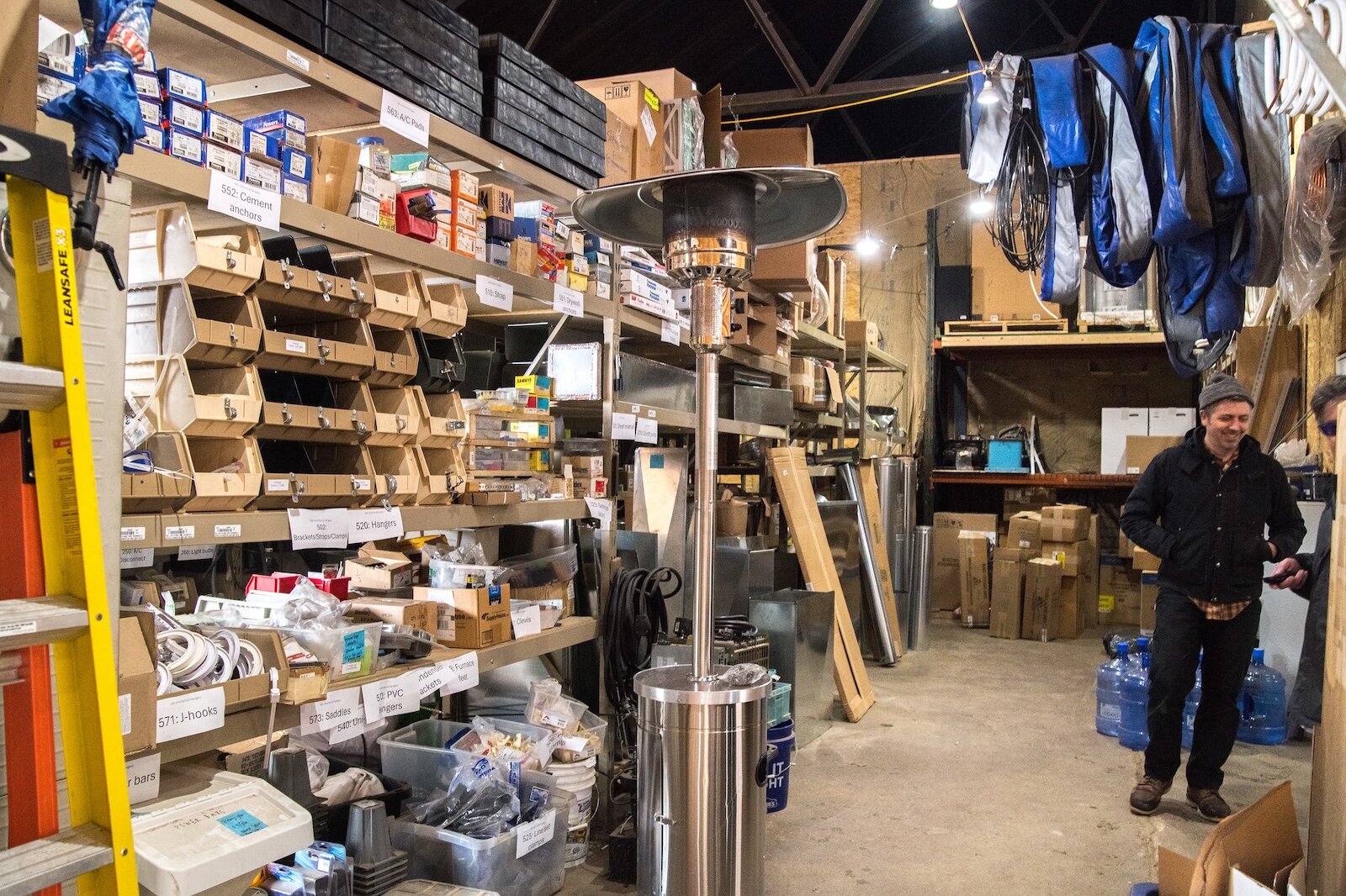 A view of the Home Energy Solutions warehouse. All the parts needed to install furnaces, heat pumps, hot water heaters, and more.