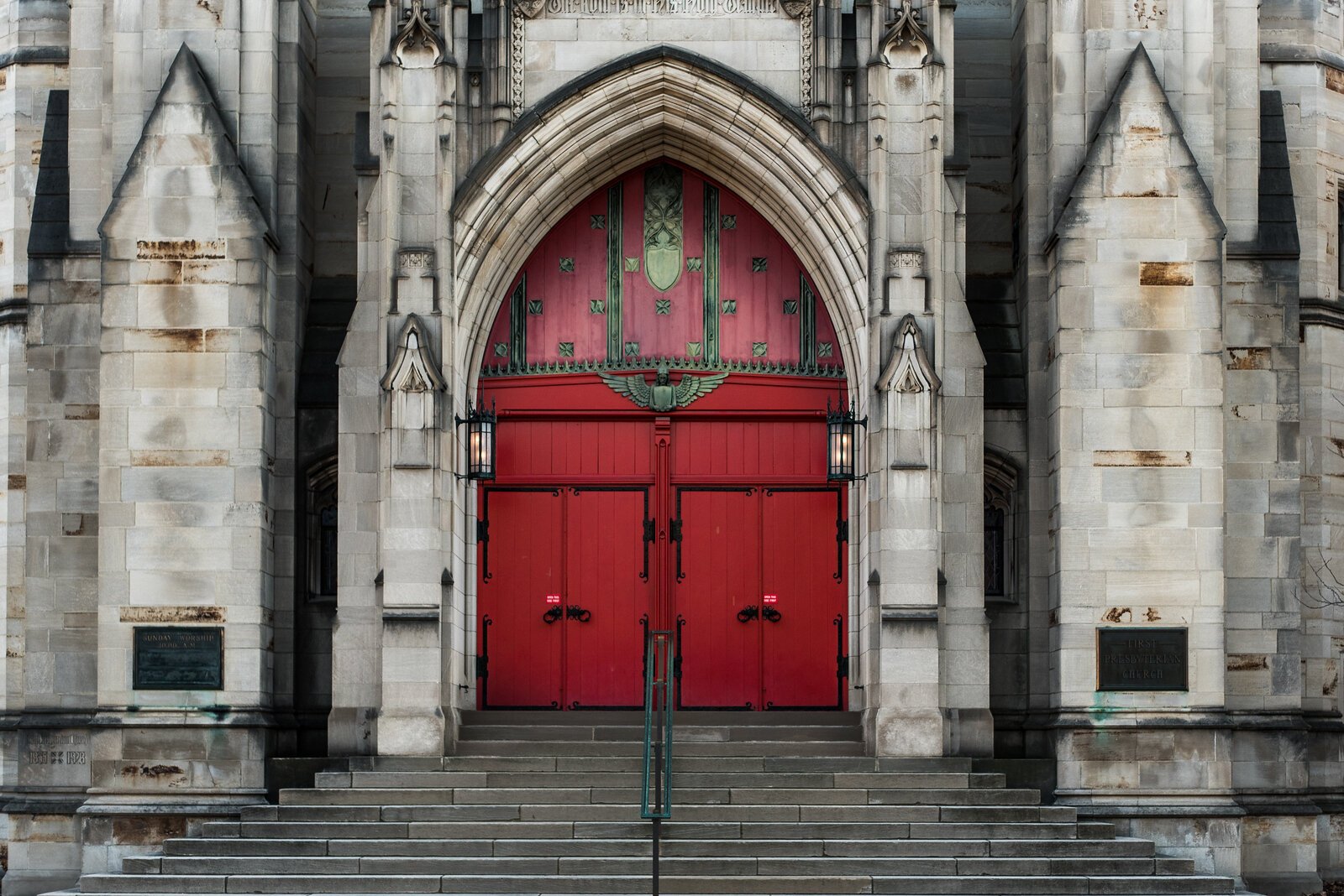 First Presbyterian's big red doors face Bronson Park downtown.