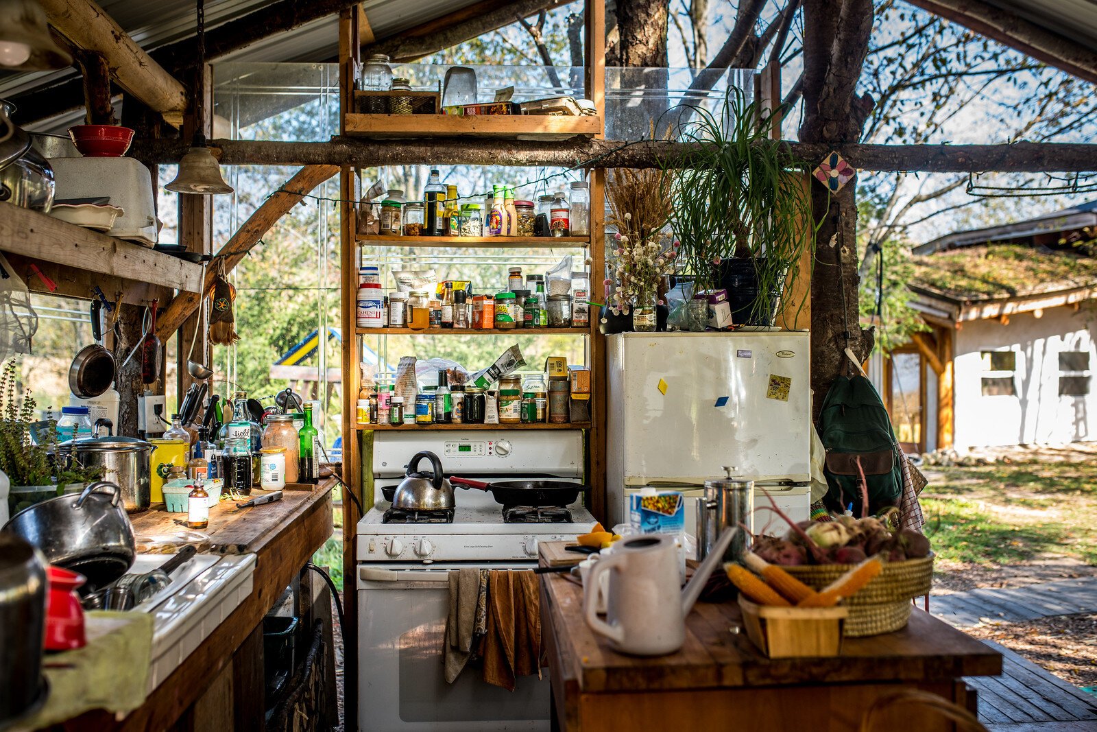 Before building their straw bale house, Touloupas and Pekarovic built this open-air kitchen as a test of the method. "This gets a ton of weather exposure," Touloupas says. "We've never had any issue with moisture or anything."