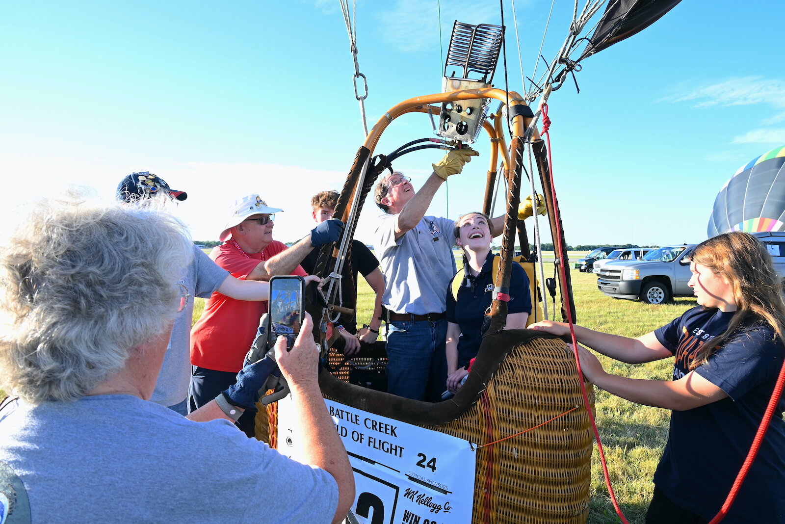 Pat Rolfe and his passenger Katie Nickolaou are ready for lift-off.