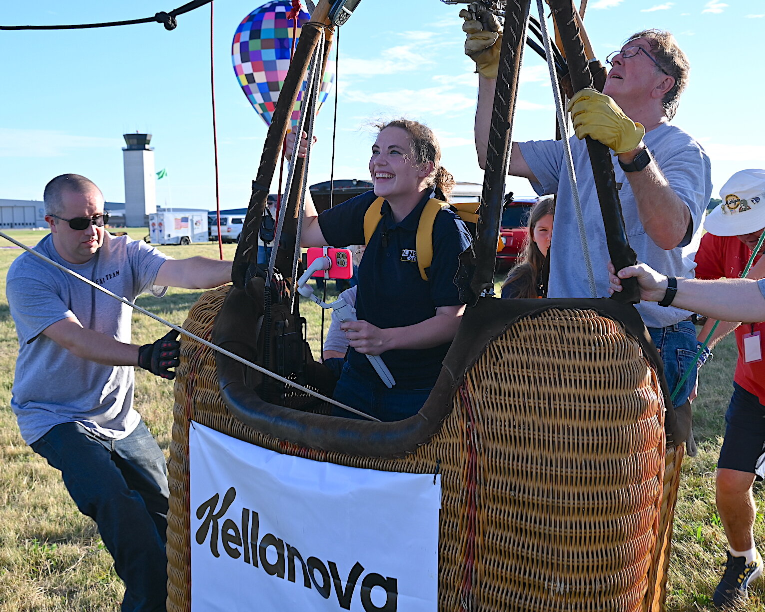 Pat Rolfe and his passenger Katie Nickolaou are ready for lift-off.