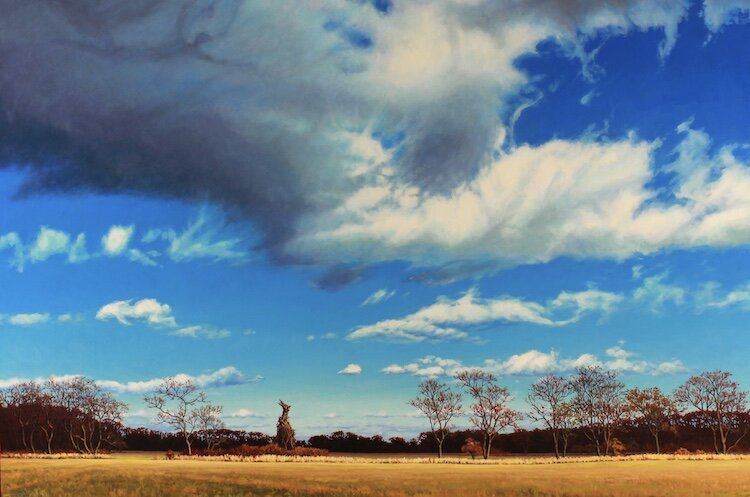 Many of Conrad Kaufman's paintings feature spacious, open landscapes with a play of light and clouds.