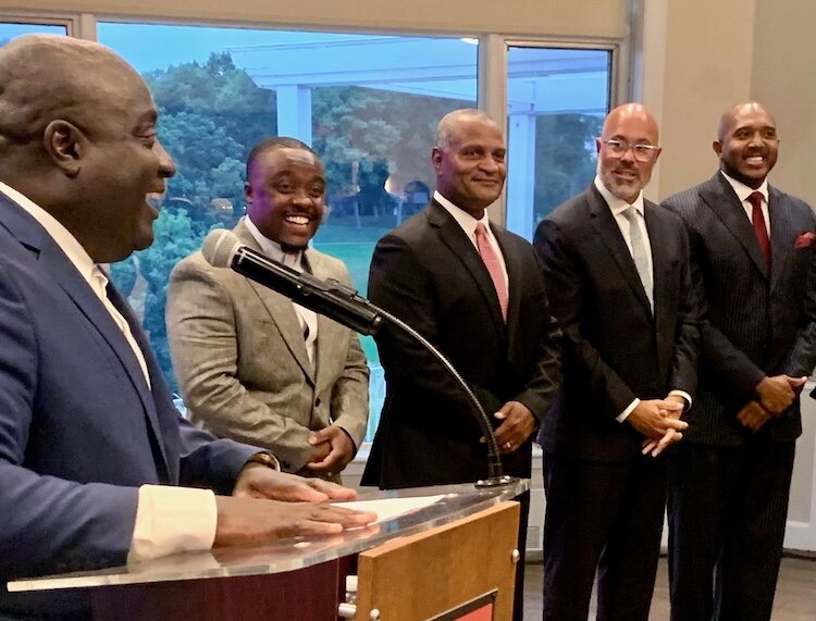 From left, former Kalamazoo Mayor Bobby Hopewell introduces partners in the new Kalamazoo Forward Ventures. They include Jamauri Bogan, Eric Wimbley, Von Washington Jr., and Dwayne Powell Jr.