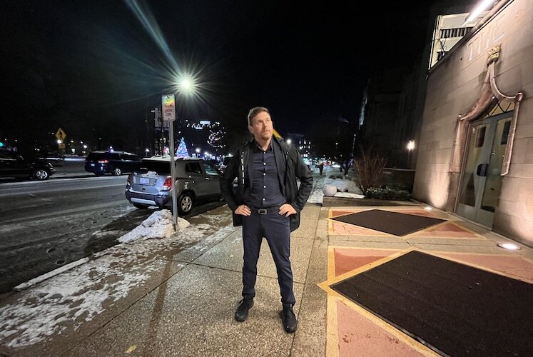 Charles Montgomery, author of "Happy Cities," outside of the Kalamazoo Civic Theatre where he spoke on Friday, Jan. 31, 2025.