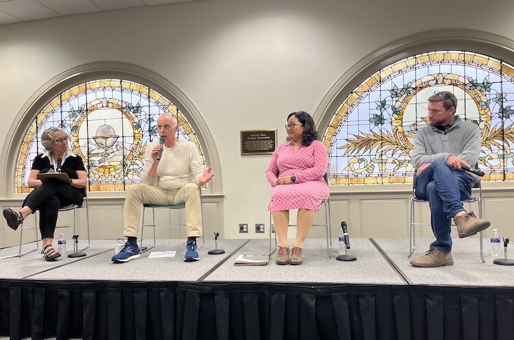 April's Kalamazoo Lyceum focused on 'Hope for the Community.' From L-R, Karen Trout, moderator, Mayor David Anderson, Dr. Kathy Purnell at the Human/Civil Rights Law Center, and Nathan Beacum, founder of the Lyceum Movement.