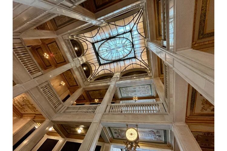 Looking up from inside the lobby of the Book Tower.