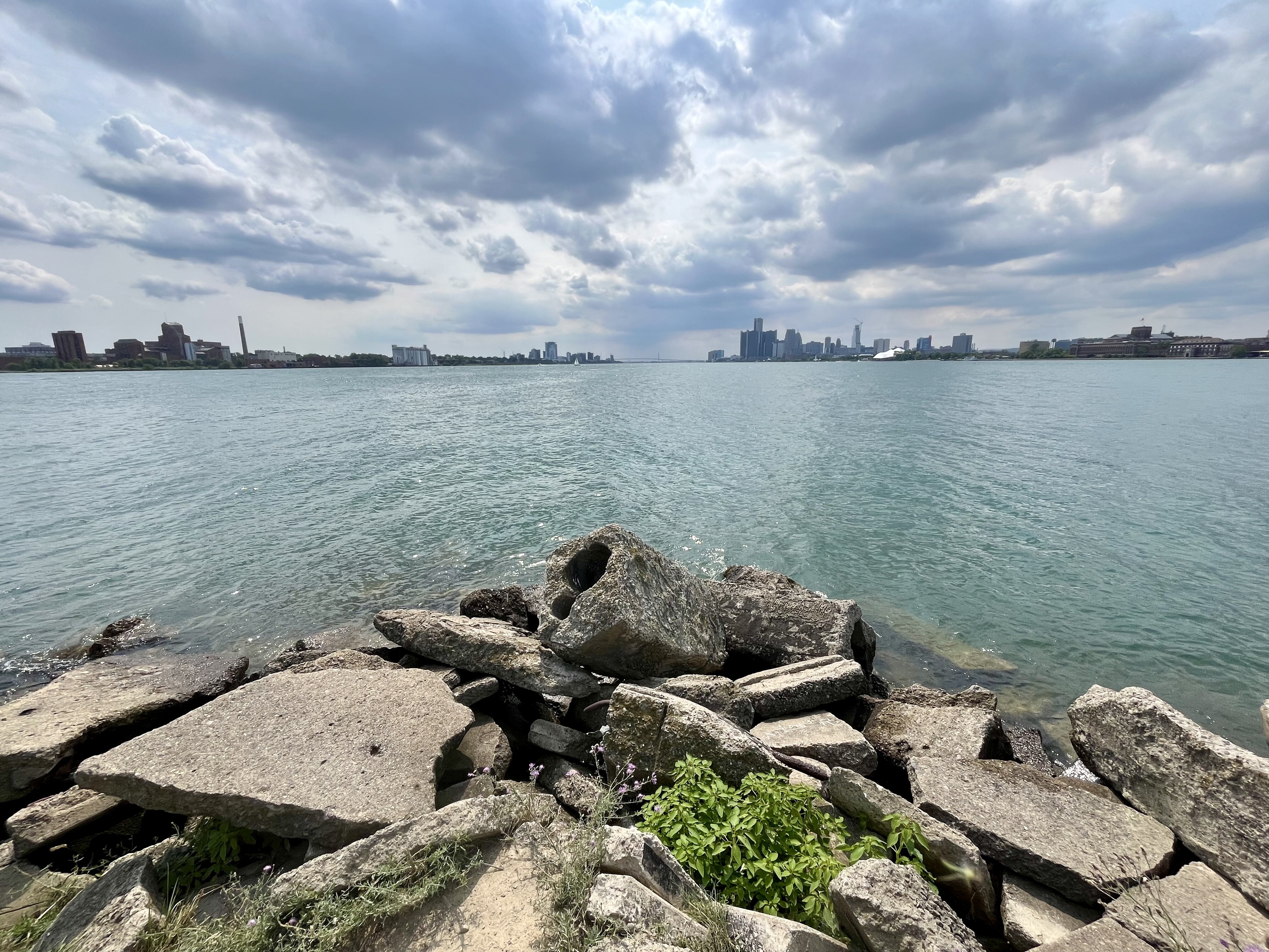 On the left, Windsor, Ont. On the right, Detroit. The view from Sunset Point on Belle Isle.