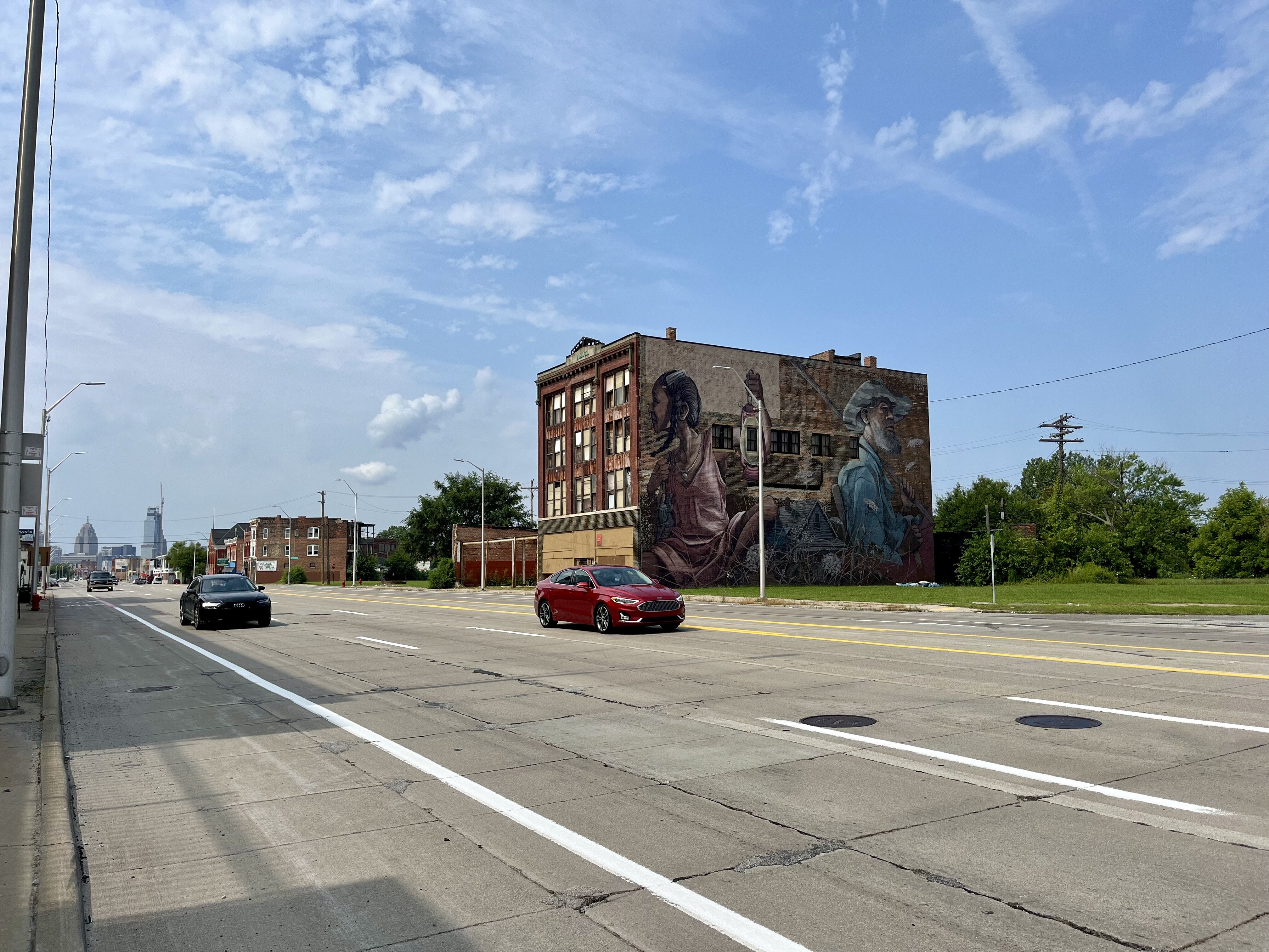 Gratiot Avenue, stretches from Pontiac to downtown Detroit. Many lanes, very wide, difficult to cross on foot or bike, not recommended as a bike route. It slashes through the McDougall-Hunt neighborhood, home of the Heidelberg Project.