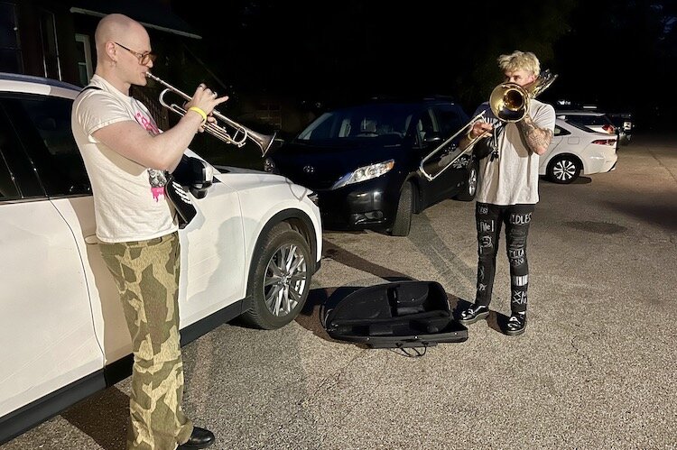 The horns of Disco Behemoth warming up in The SugarBowl parking lot.