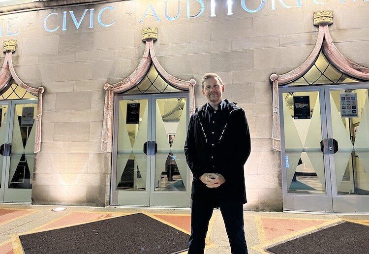 Charles Montgomery, author of "Happy Cities," outside the Kalamazoo Civic Theatre