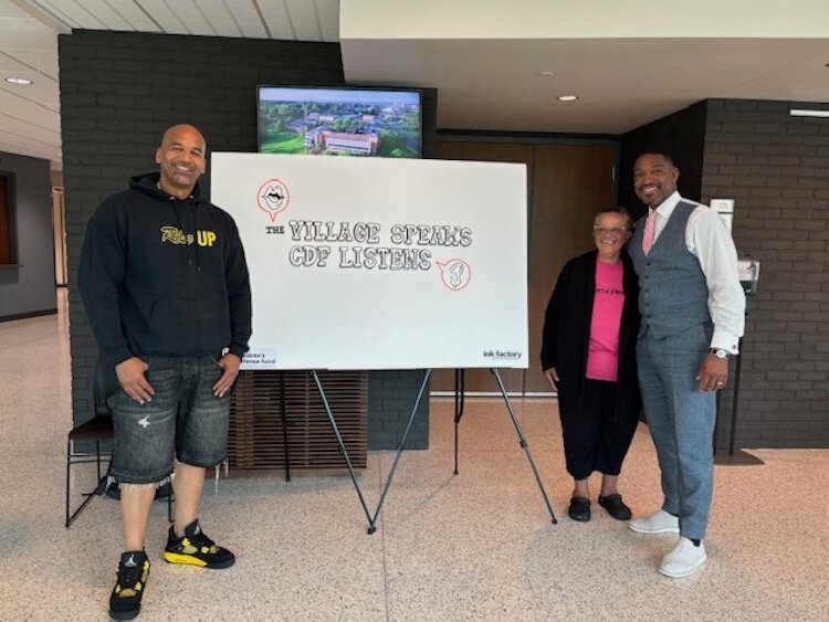 Damon Brown, Founder and CEO of R.I.S.E. Corp., at left, poses with Jacqueline James Patrick, Director of R.I.S.E.'s Student Empowerment Program and Board Treasurer, and Rev. Dr. Starsky Wilson, President and CEO of the Children's Defense Fund, at a 