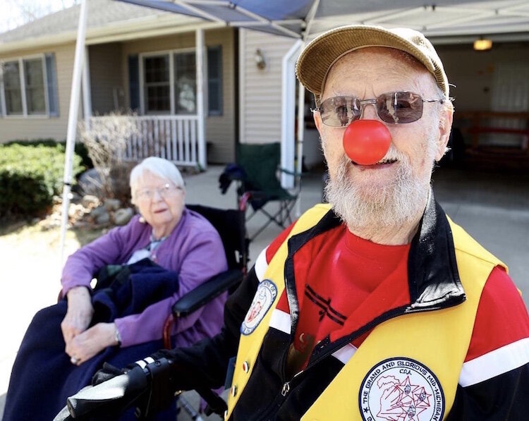 As founding members of the Grand and Glorious Mid-Michigan Galaxy of Clowns, Sally and Jerry Campbell were treated to a surprise parade of clowns on March 21, outside their home in Plainwell.