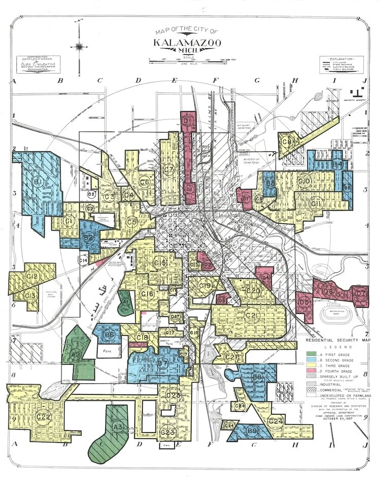 Un mapa de 1937 de la línea roja de Kalamazoo. Extensión de la Universidad Estatal de Michigan