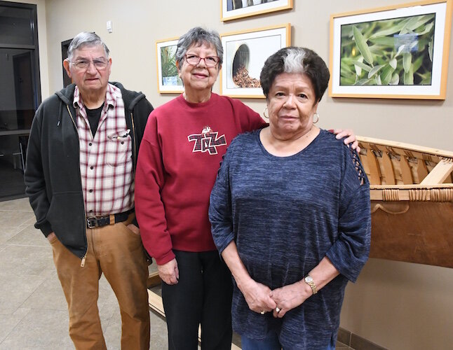 Three members of he Nottawaseppi Huron Band of the Potawatomi, from left, Mike Mandoka, Gwynneth Nugent, and Shirley Mackety-English recall the Pine Creek Indian Reservation over the years.