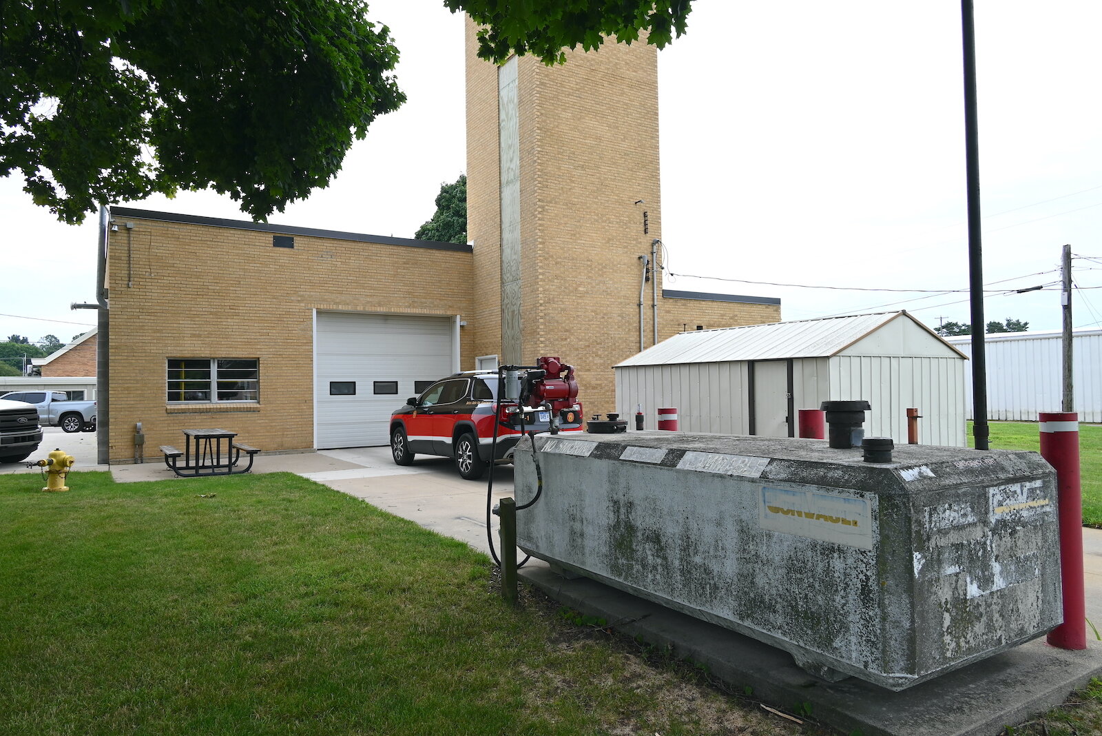 Fire trucks throughout Battle Creek are refueled behind Fire Station #4.