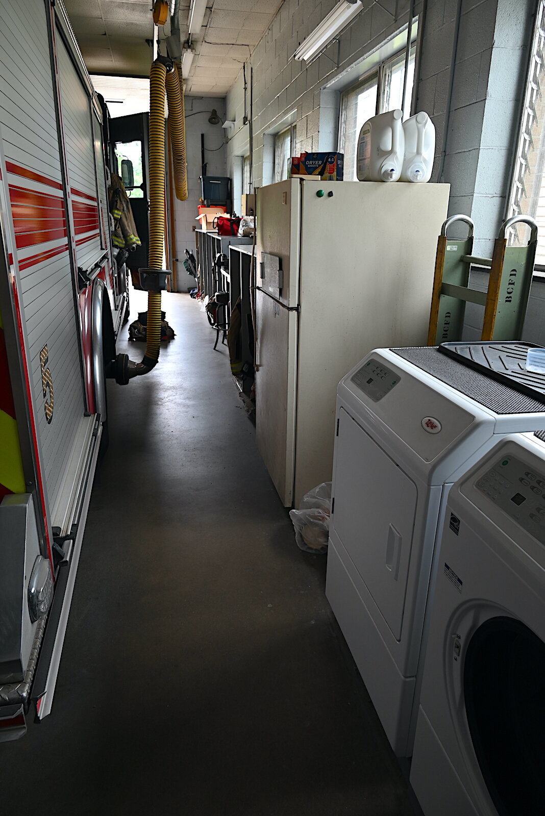 When a fire truck is parked inside Fire Station #5 there’s not a lot of room along the sides.