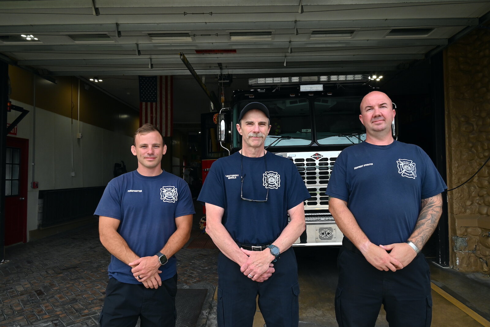 Three of the firefighters on duty at Fire Station #3 are, from left, Justin Holm, Lt. LaMarr Mingle, and Kyle Williams.