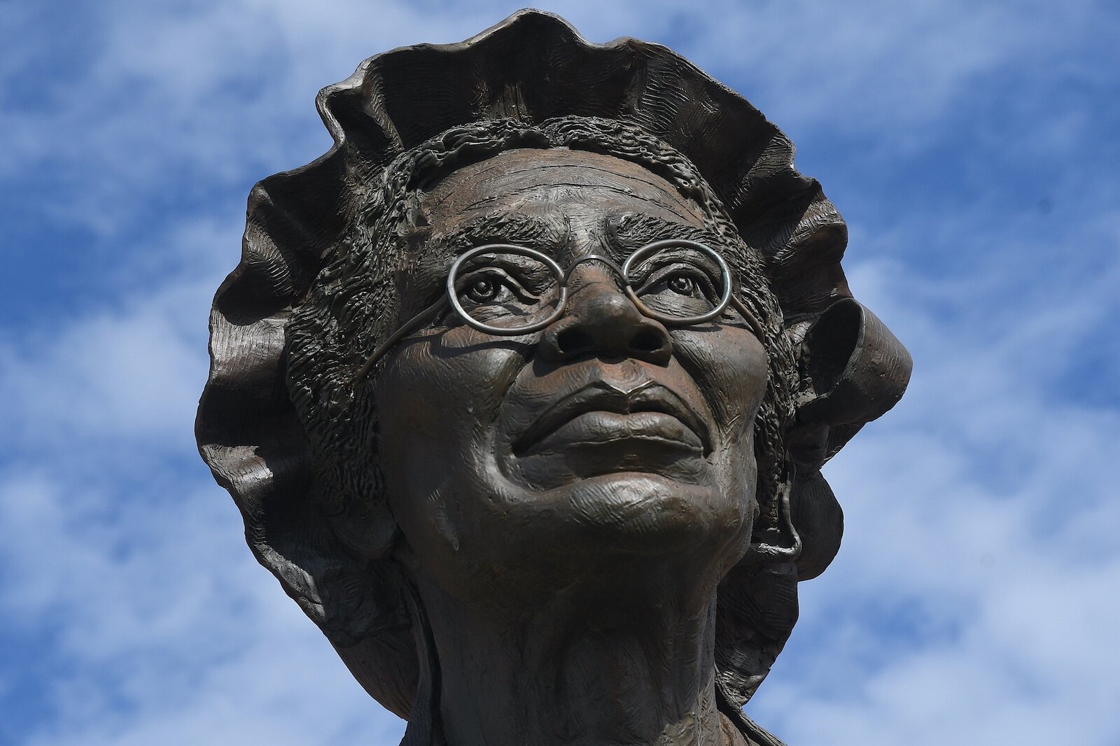 Front view of the sculpture of the head of Sojourner Truth at Monument Park in downtown Battle Creek.