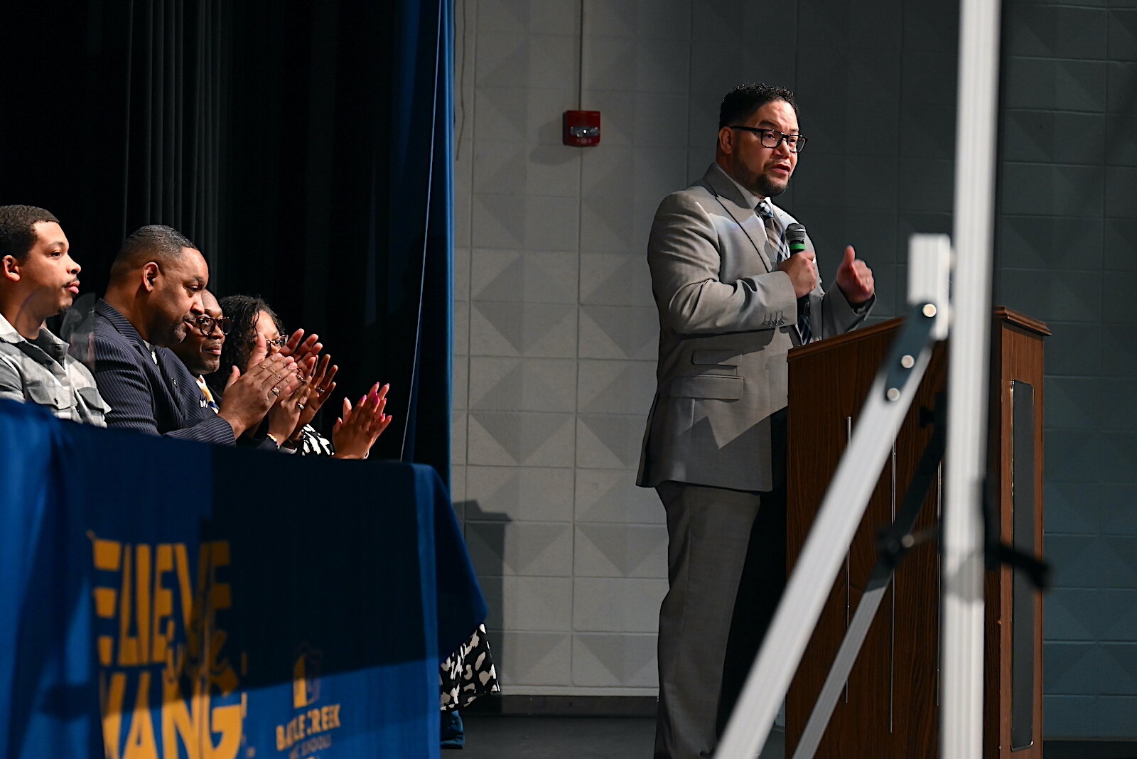 Danny C. Vélez, Ph.D, Associate Vice President for Admissions and Recruitment for Grand Valley State University, tells eighth grade graduates and their families at Battle Creek Public School’s STEM Innovation Center.