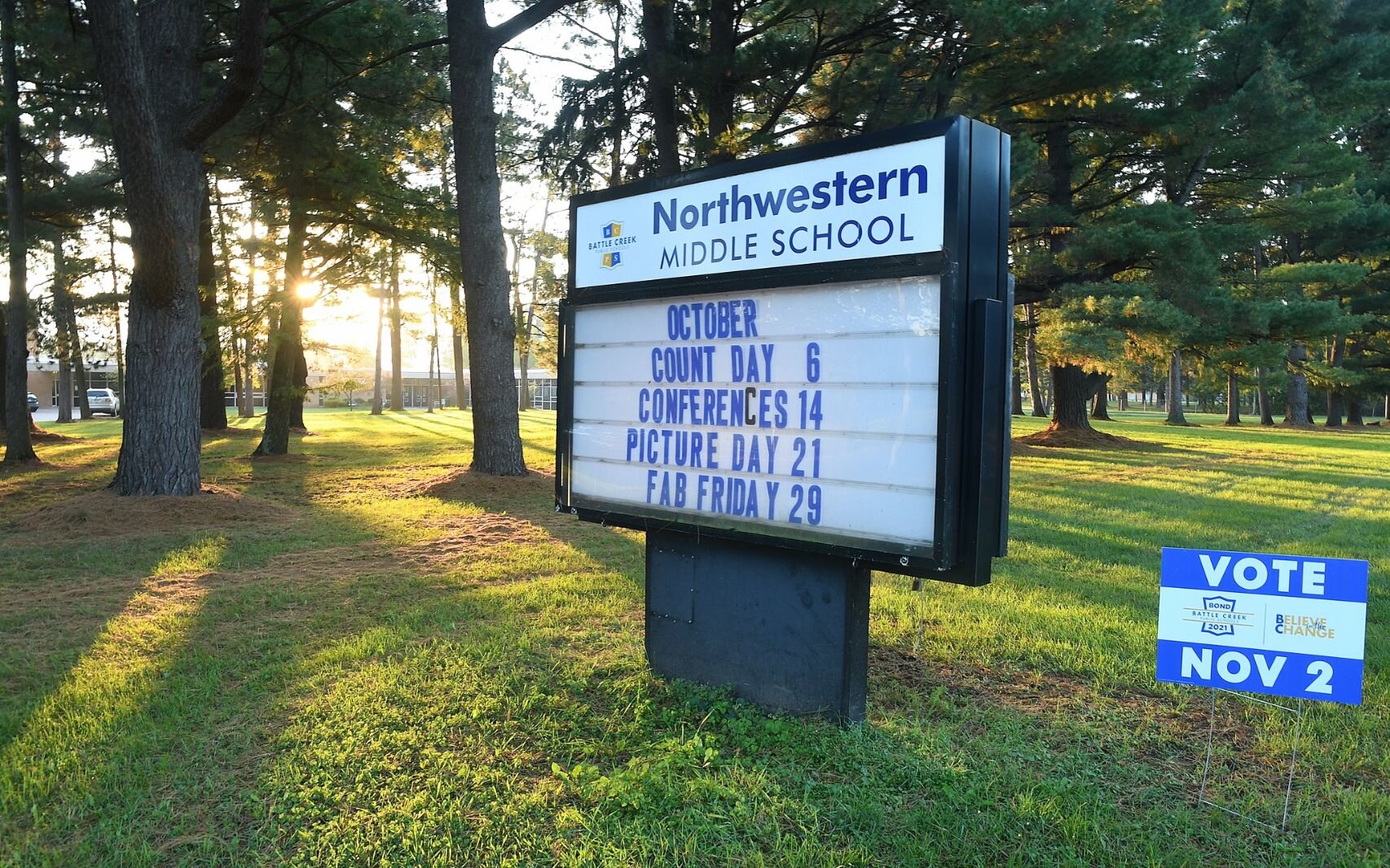 A sign on Limit Street at Northwestern Middle School promotes the upcoming election.