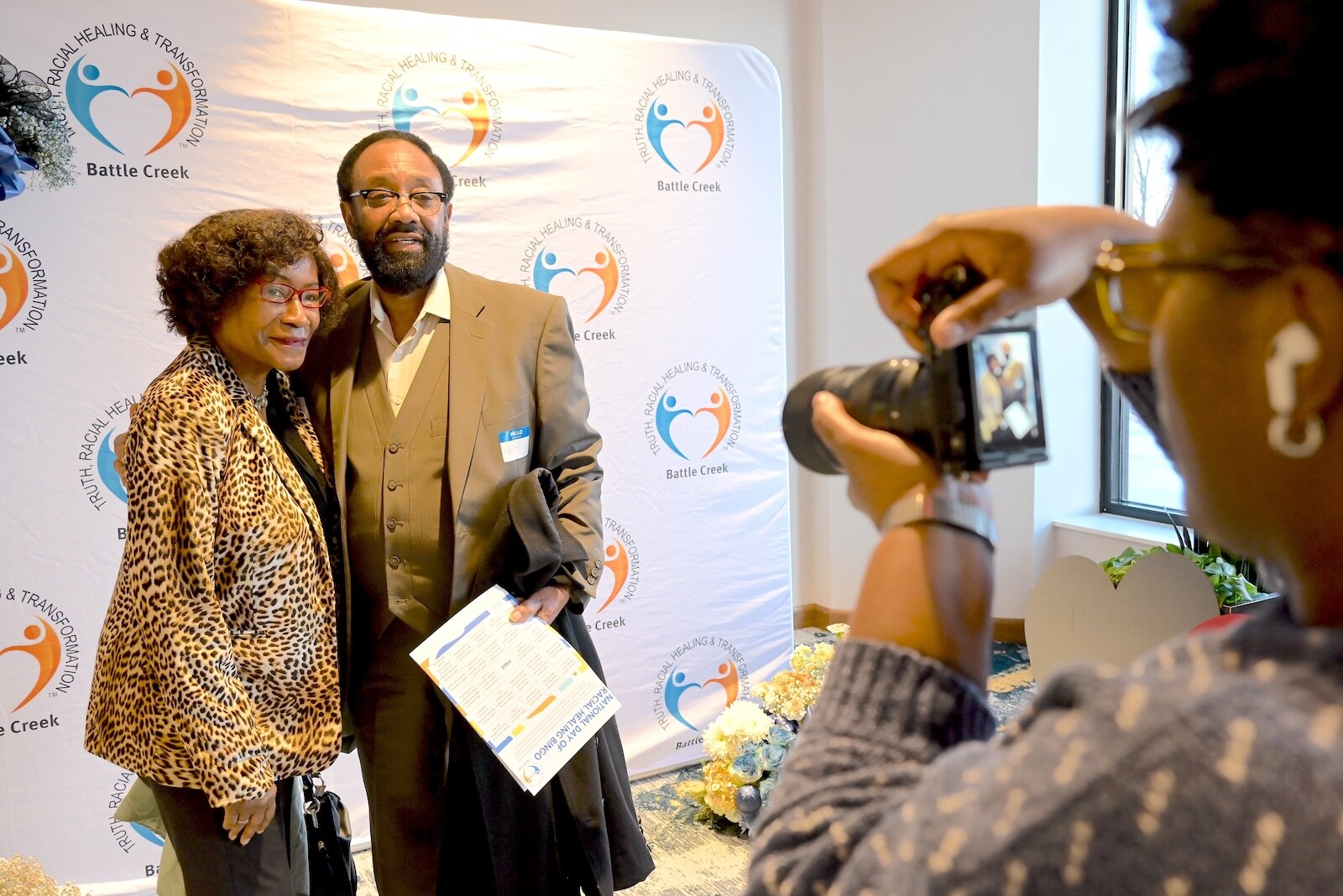 Linda and Carey Whitfield pose for a photo taken by V Word during Battle Creek Truth, Racial Healing, and Transformation’s (BCTRHT) National Day of Racial Healing event on January 21 at the Battle Creek DoubleTree Hotel.