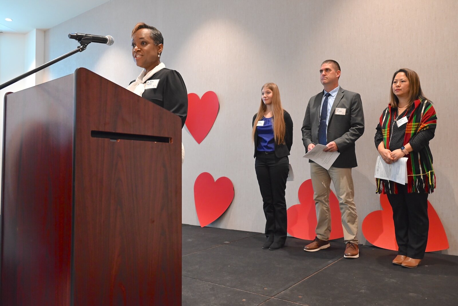 Members of the Battle Creek Truth, Racial Healing, and Transformation advisory board spoke during the event. They are, from left, Dr. Kim Carter of Battle Creep Public Schools, Brooke Nottingham, Eric Greene of Lakeview School District, and Christina