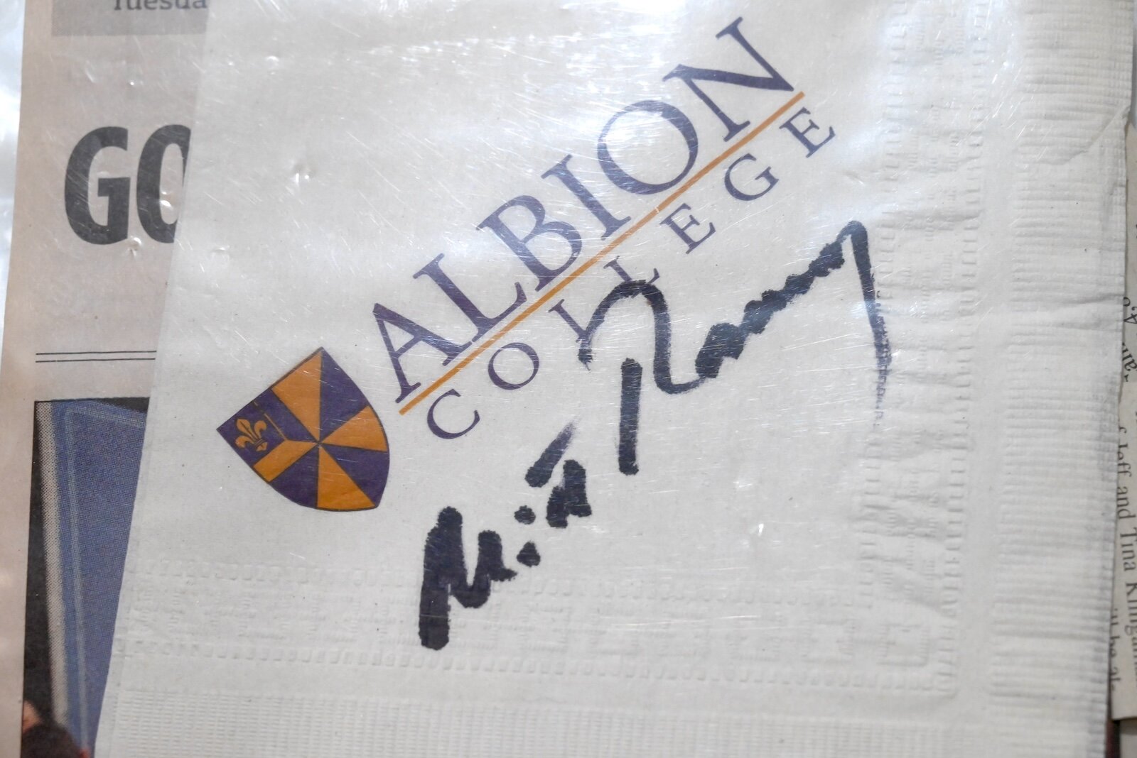 Mitt Romney signed this Albion College napkin.