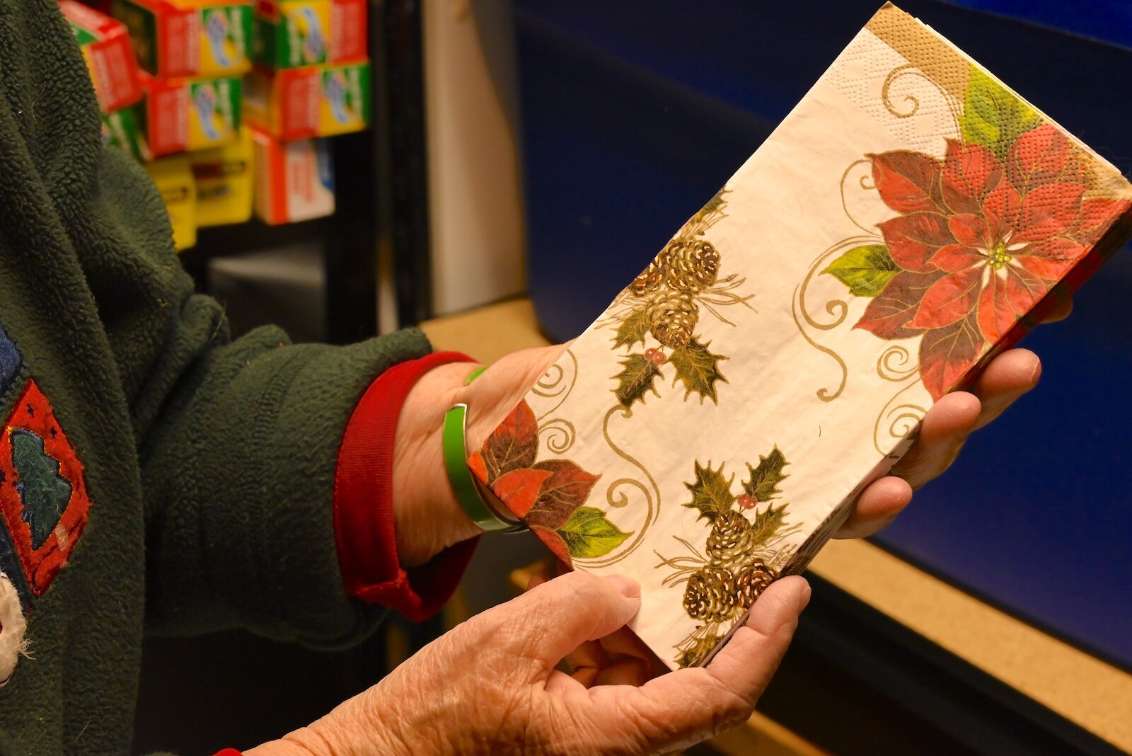 Cathy Campbell has  many holiday napkins.