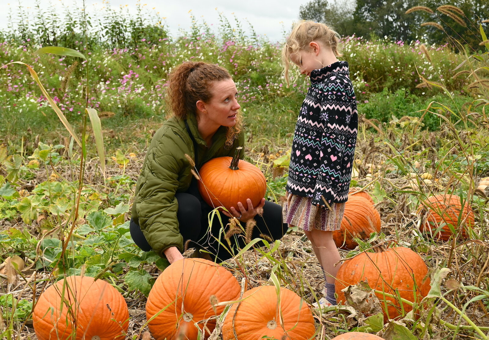 Kate Antoniotti tries to help her daughter Rose choose a pumpkin during Of The Land’s harvest festival.