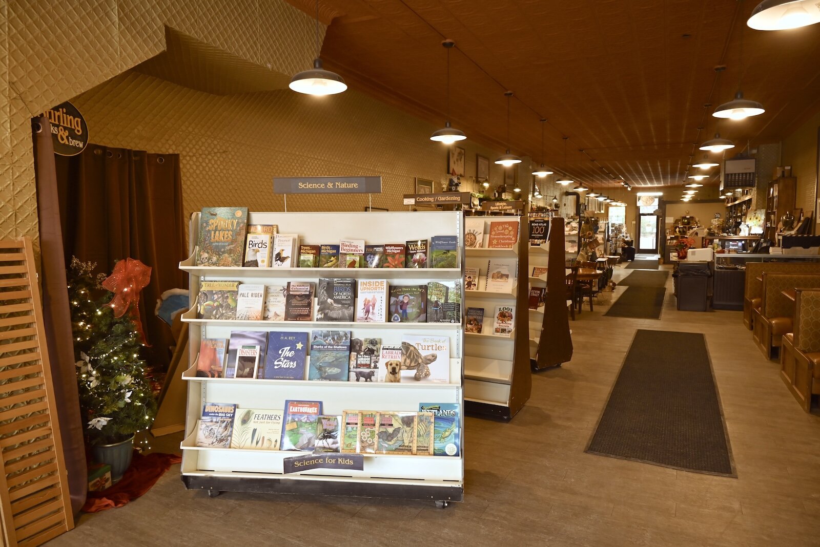 Inside view of Stirling Books and Brew in downtown Albion