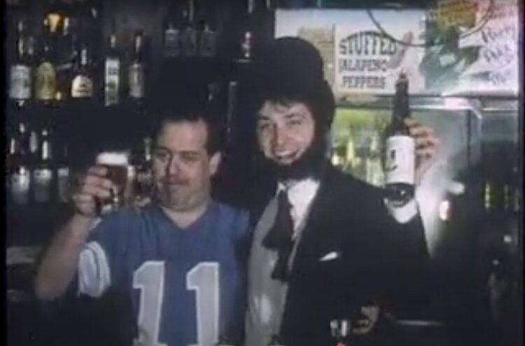 Screenshot from The Sleestacks "Land of Lincoln" music video https://www.youtube.com/watch?v=TE0sjKFpBH4 shot inside Missias. Left, bartender Al Yucker, right, Abe Lincoln (Sleestacks guitarist Mark Peters).